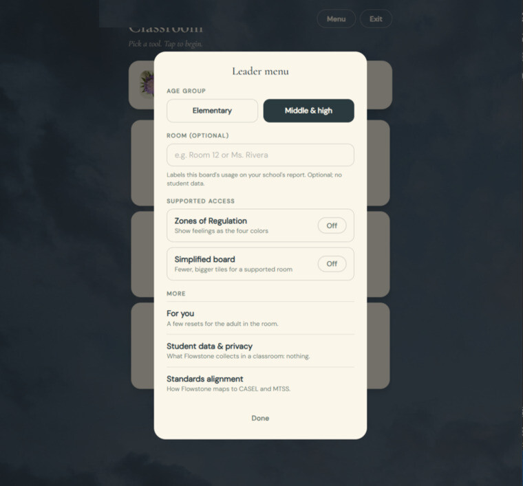 The setup menu